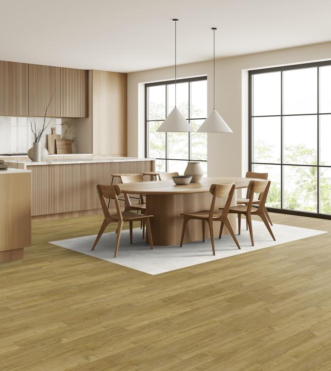 Effet parquet foncé et carrelage clair